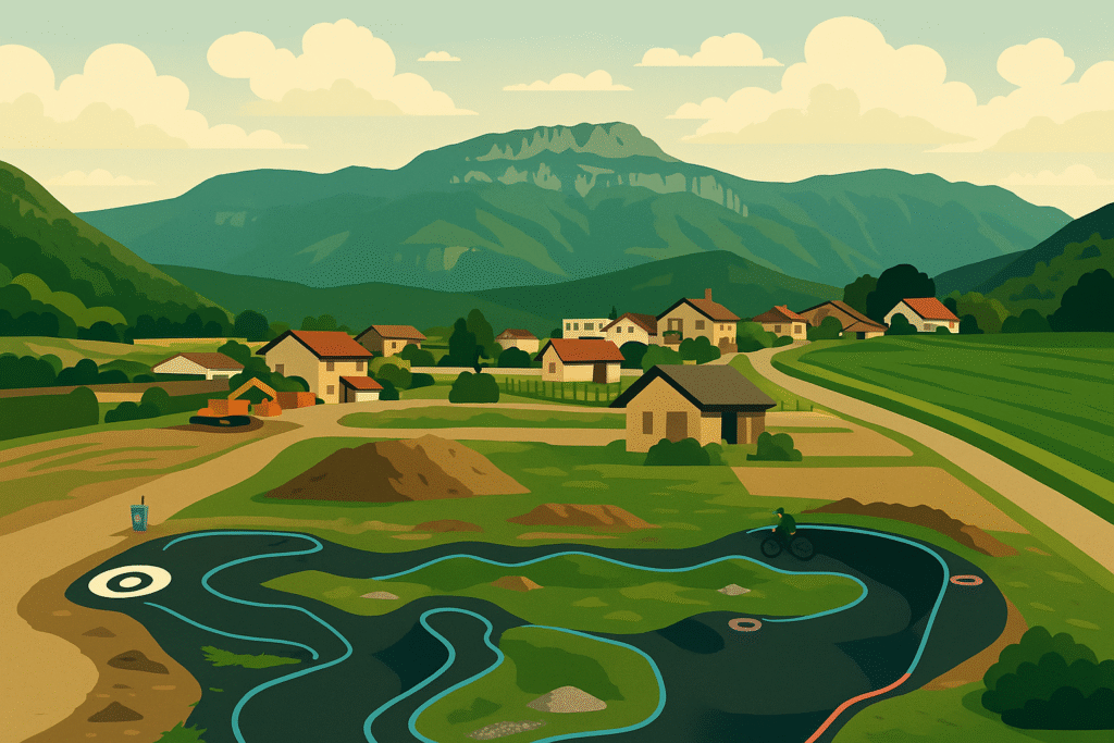 Vue en flat design du pumptrack de Saint-Nicolas-de-Macherin entouré de verdure.